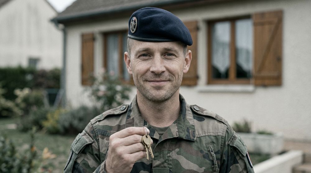 Un militaire devant sa maison, clés en main