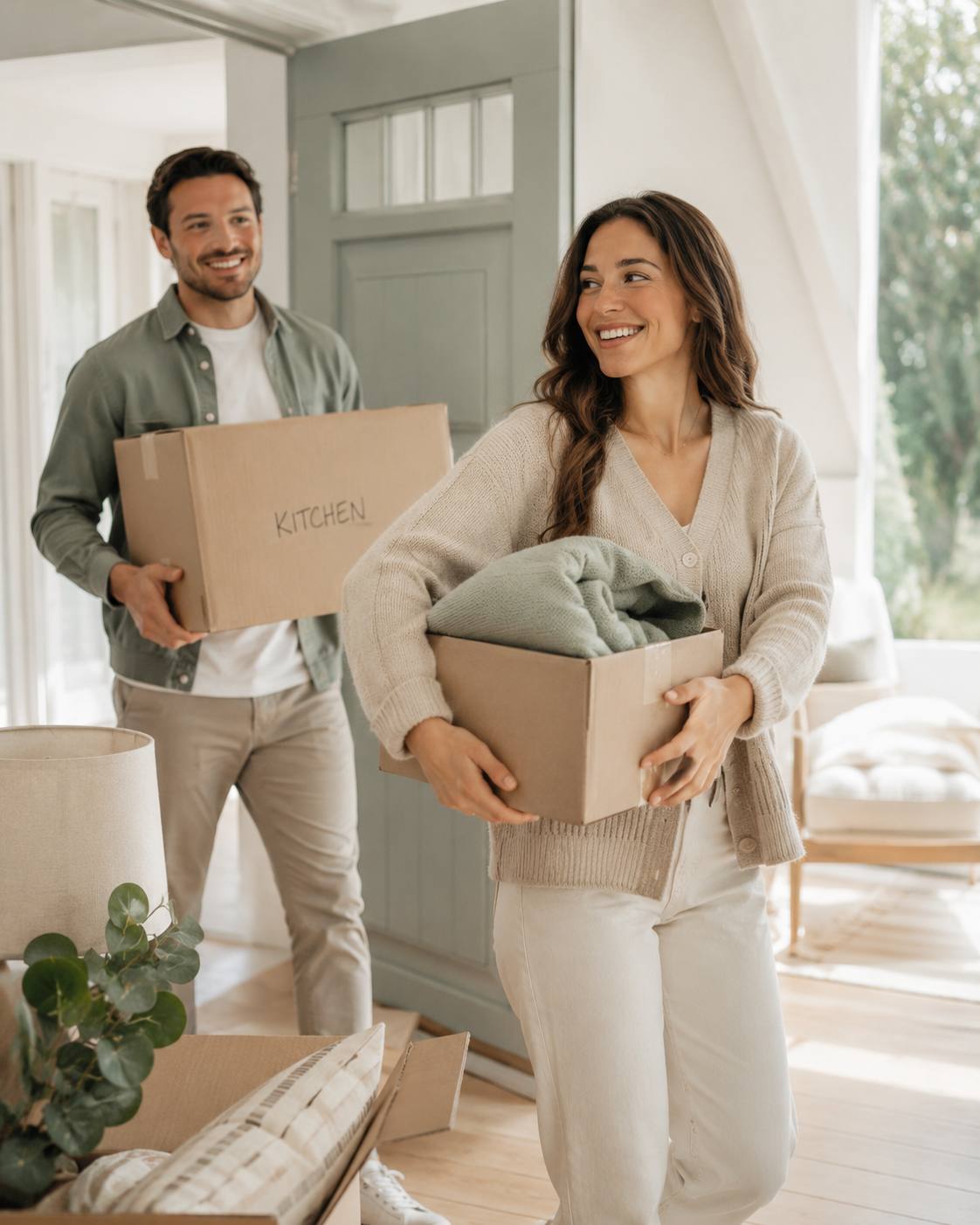 Un couple emménage dans sa nouvelle maison, cartons dans les bras