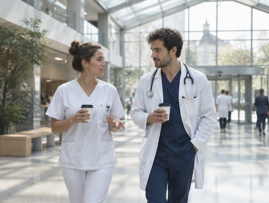 Une infirmière et un médecin traversent le hall du CHU