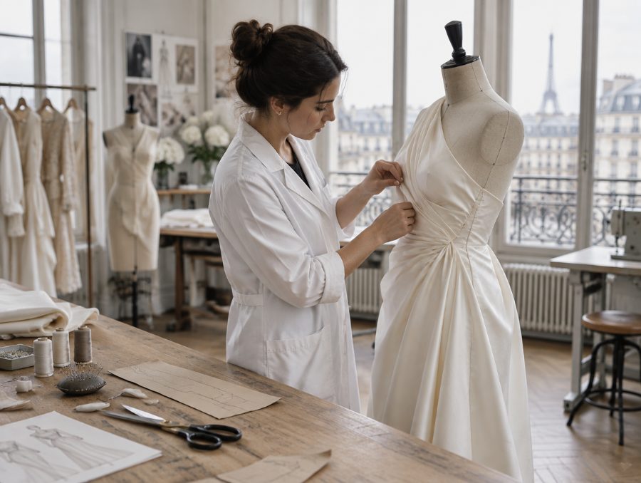 Une couturière ajuste une robe sur un mannequin dans un atelier de haute couture