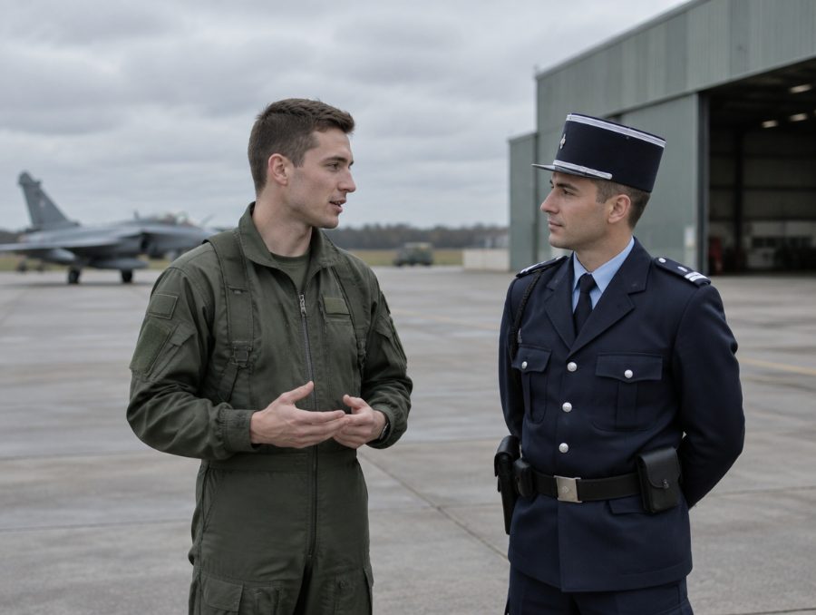 Un aviateur et un gendarme discutent sur le tarmac d’une base aérienne