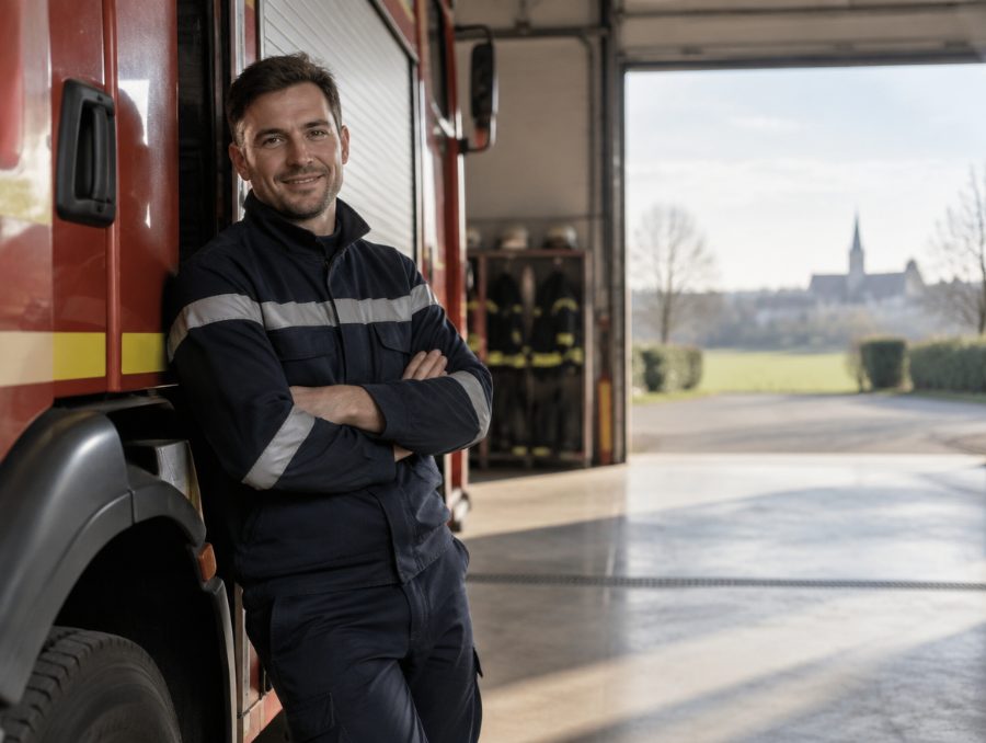 Un sapeur-pompier devant son camion, dans la remise de la caserne