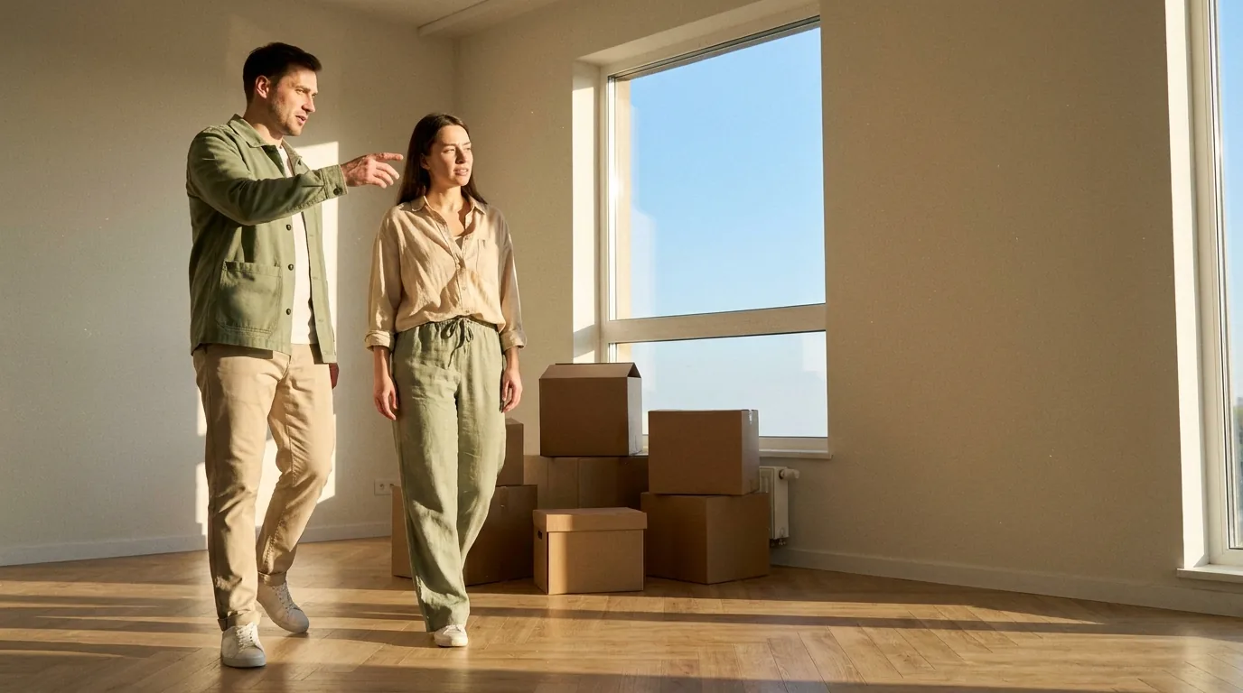 Un couple examine une pièce lumineuse dans un logement.